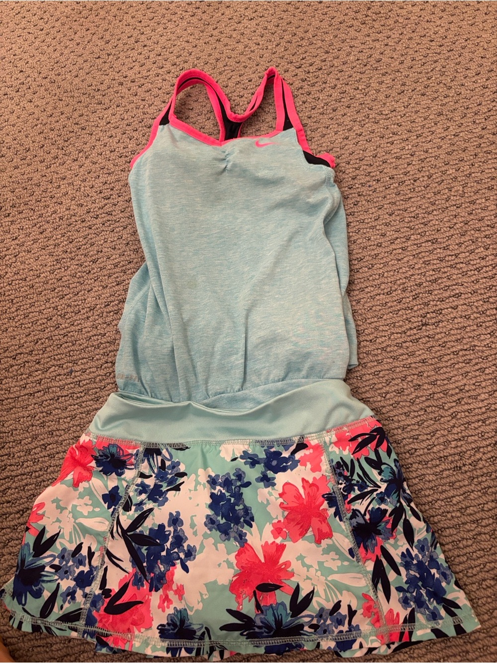 Nike Aqua Tank with Pink Trim and Floral Skirt